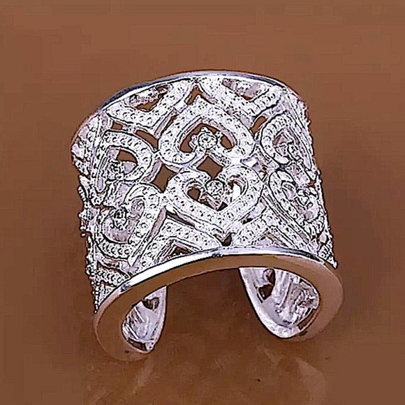 NEW STERLING SILVER WIDE BAND ZIRCONIA HEART CUFF RING - Picture 9 of 12